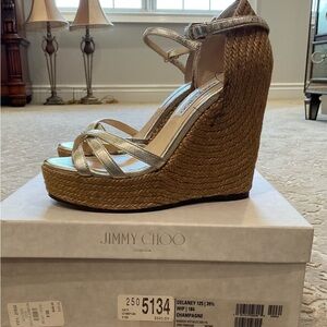 Jimmy Choo Tan and Gold Wedge Sandals